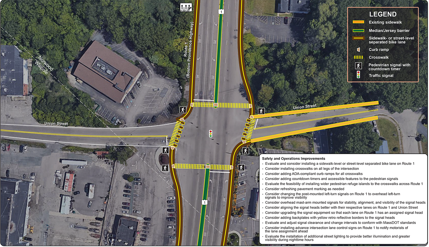 Figure 35
Route 1 at Union Street: Improvements
Figure 35 is an aerial photo showing the intersection of Route 1 at Union Street and the proposed improvements.
Figure 35
Route 1 at Union Street: Improvements
Figure 35 is an aerial photo showing the intersection of Route 1 at Union Street and the proposed improvements.